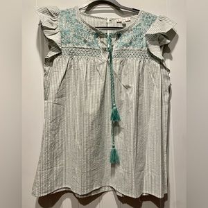 L Love Mint Striped Tank with flutter sleeves, tie front, seersucker, embroidery